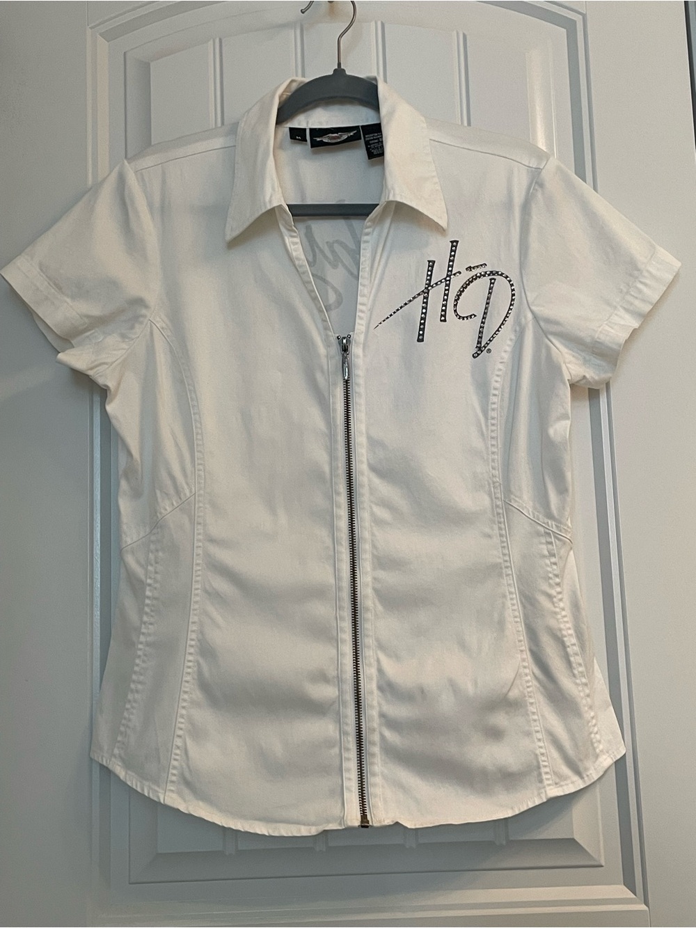 Harley-Davidson White Short-Sleeve Zip-Up Shirt with HD Rhinestone Logo